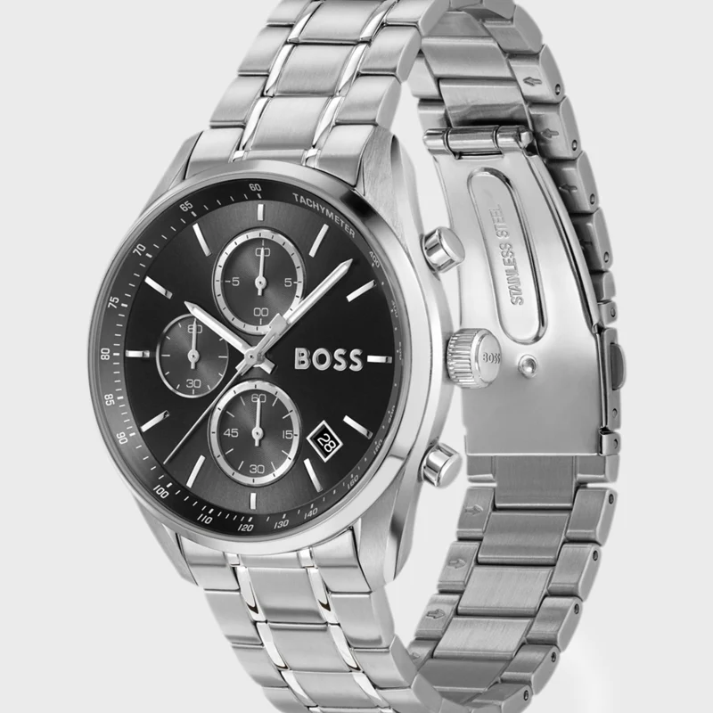OSS Grand Prix 40 vue de profil, bracelet acier et fermoir bouton-poussoir