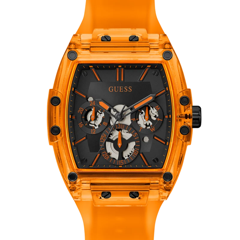 guess gw0203g10 montre homme cadran noir bracelet orange face