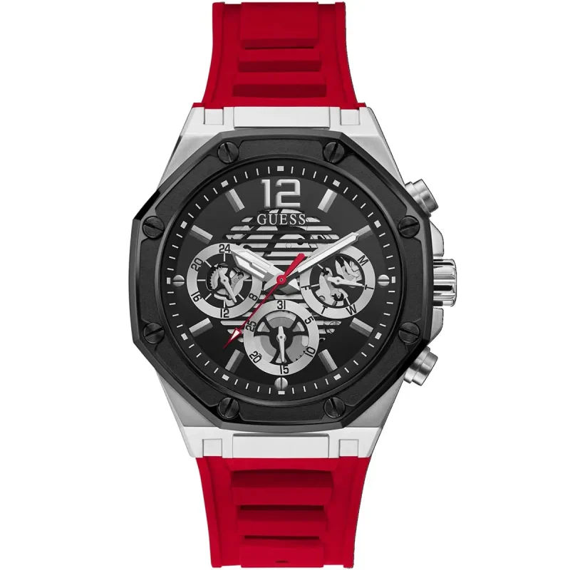 guess gw0263g3 montre homme cadran noir bracelet rouge face