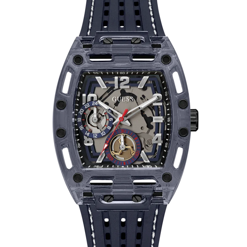 Montre homme GUESS GW0499G1 Phoenix navy avec cadran skeleton et bracelet silicone bleu marine