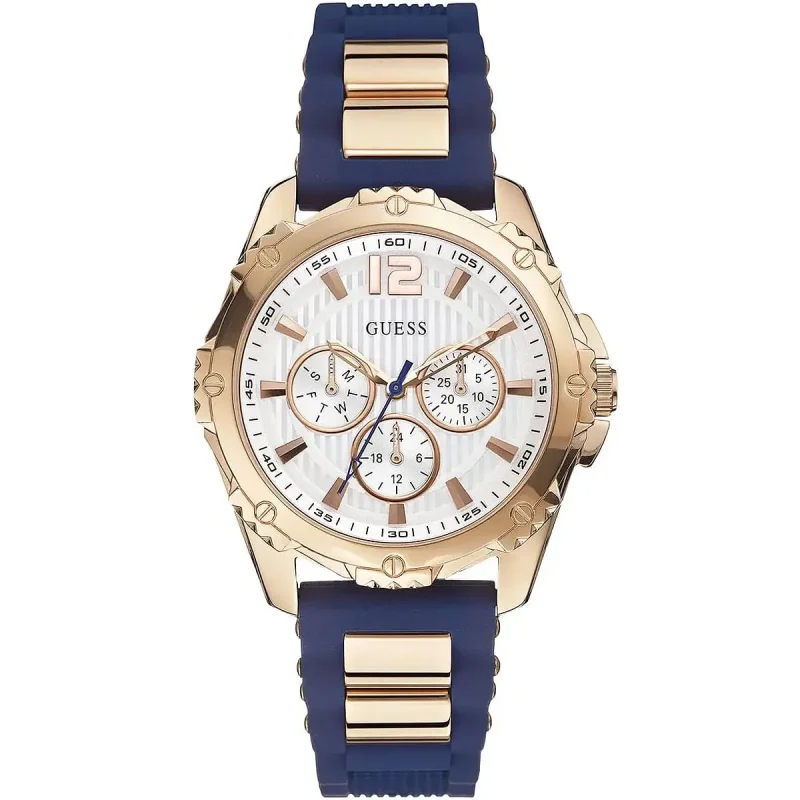 Montre femme GUESS W0325L8 Intrepid 2 en promo à cadran blanc, bracelet silicone bleu et boîtier rose gold