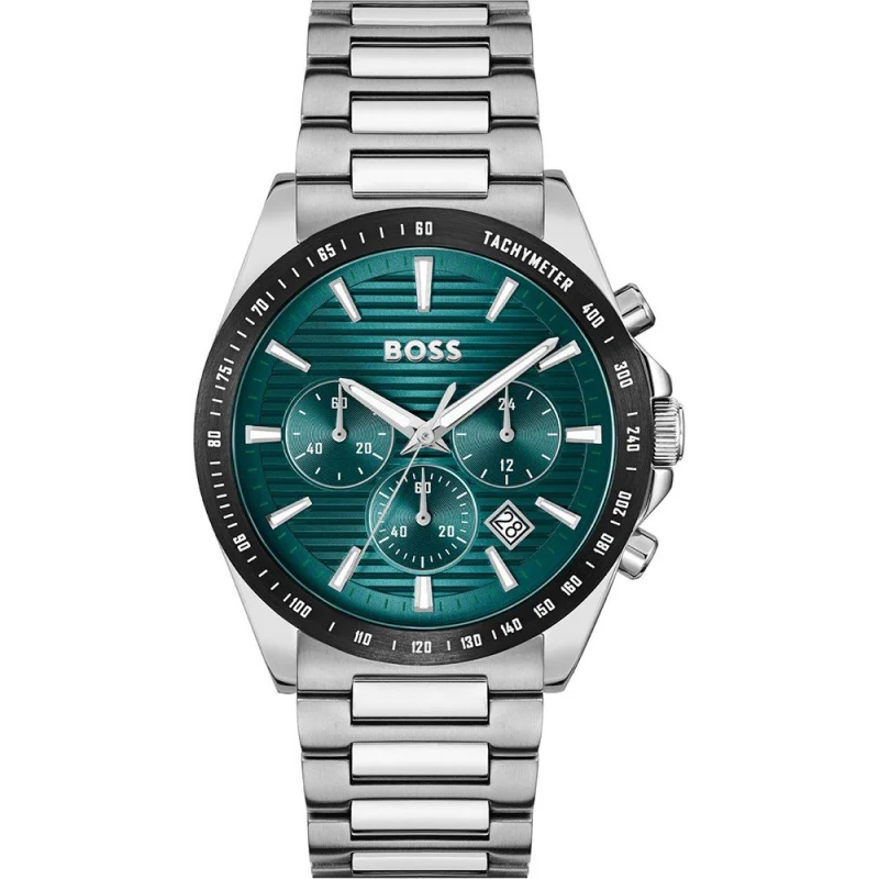 Montre homme Hugo Boss 1514241 avec cadran vert texturé, lunette noire et bracelet acier