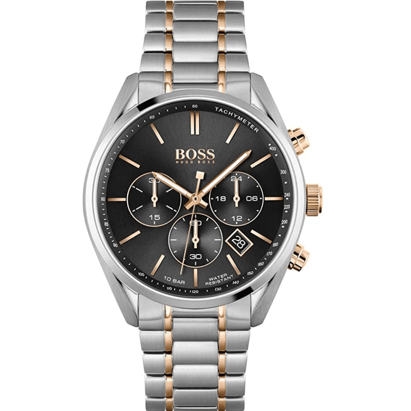Montre Homme Hugo Boss Champion 1513819 bicolore argent et or rose, cadran noir 10 ATM pour homme au Maroc.