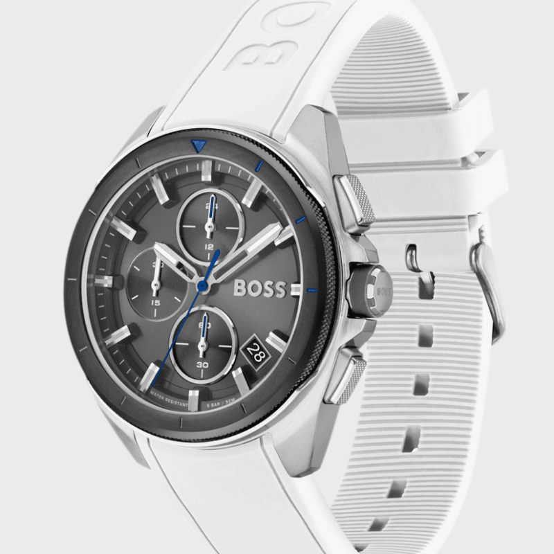 Montre Hugo Boss Volane 1513948 chronographe homme cadran gris bracelet silicone blanc vue de profil.