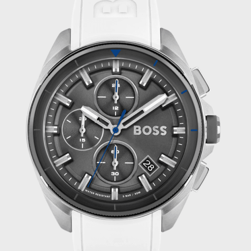 Montre Hugo Boss Volane 1513948 chronographe homme vue de face cadran gris anthracite bracelet blanc.