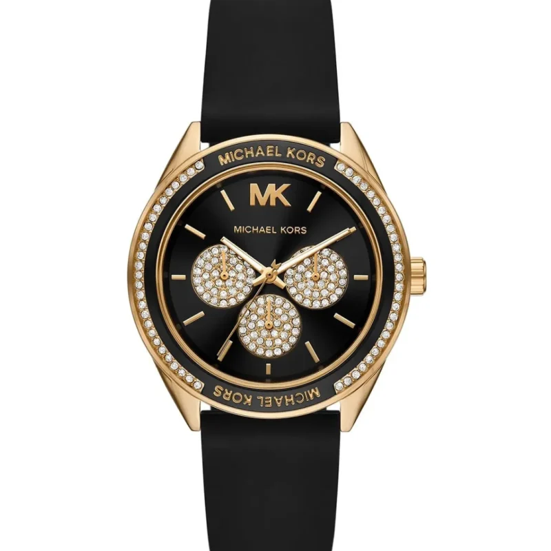 Montre Michael Kors MK6944 Jessa à cadran noir, boîtier doré et lunette ornée de cristaux