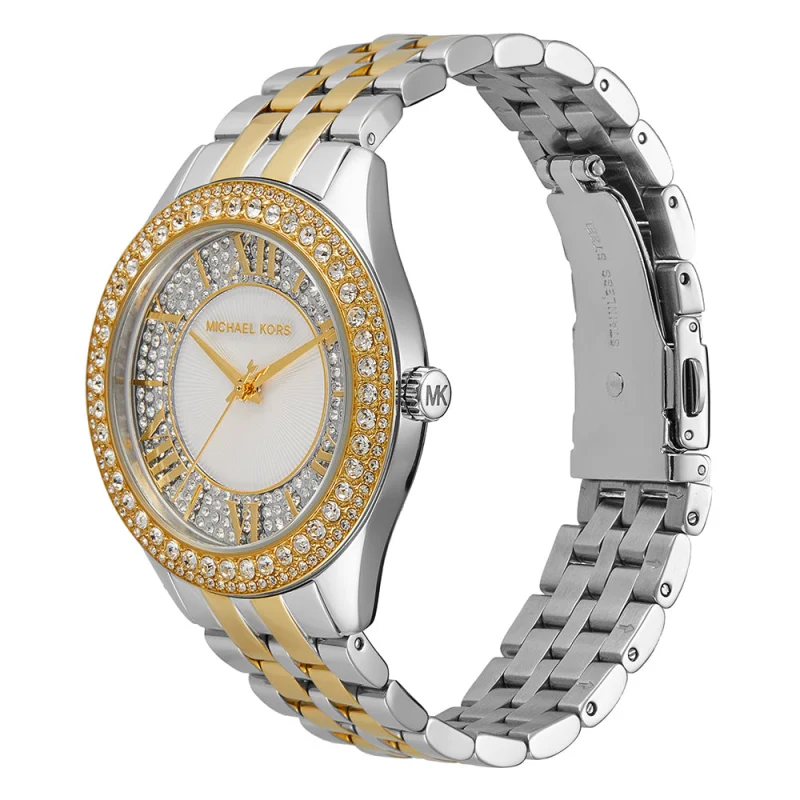 Vue trois-quarts de la montre femme Michael Kors MK4811 Harlowe bicolore