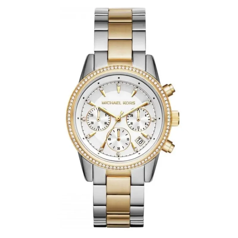 Montre femme Michael Kors MK6474 Ritz chronographe bicolore à cadran blanc et lunette pavée