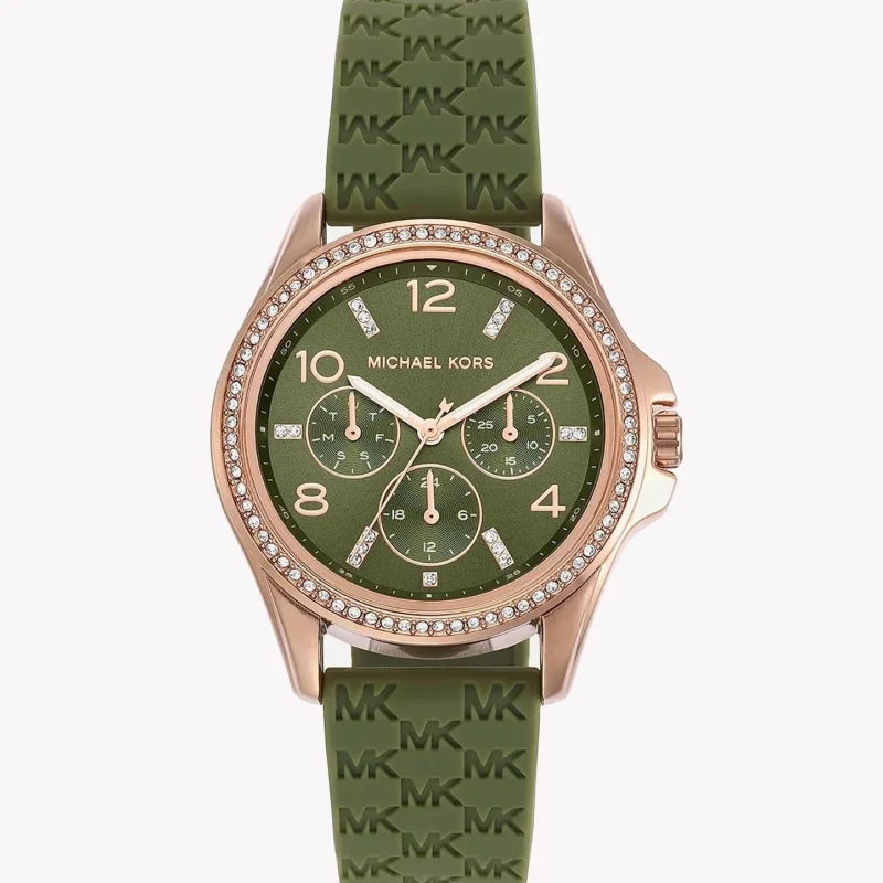 Montre femme Michael Kors MK7421 avec cadran vert olive, bracelet silicone et lunette pavée