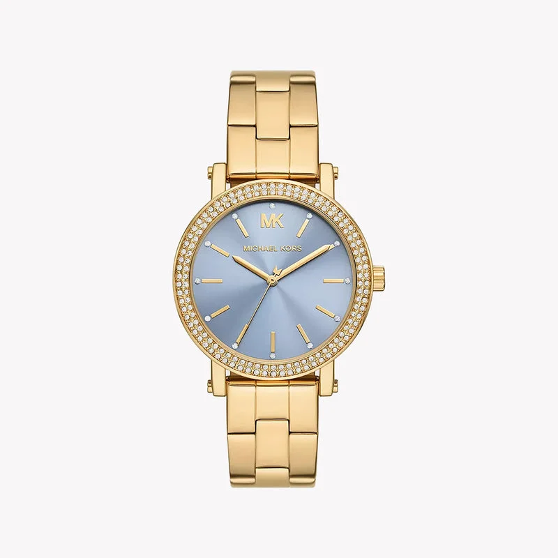 Montre femme Michael Kors MKO1048 dorée avec cadran bleu et lunette sertie de cristaux