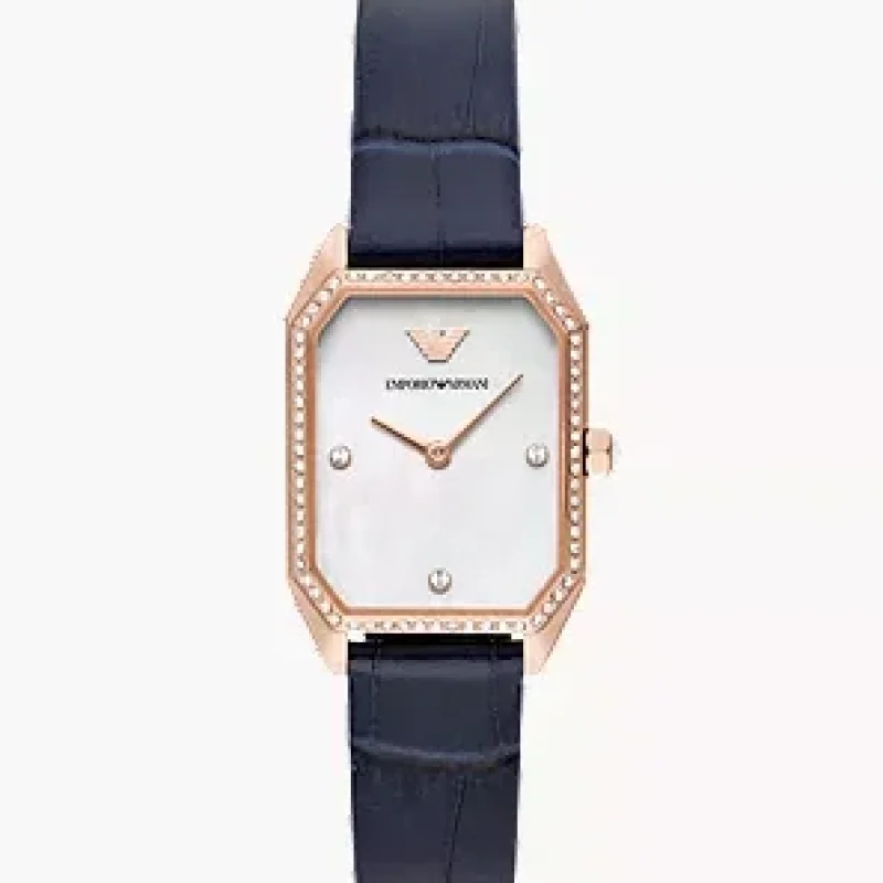 Montre Emporio Armani AR11466 Gioia en or rose avec bracelet en cuir bleu pour femme au Maroc.