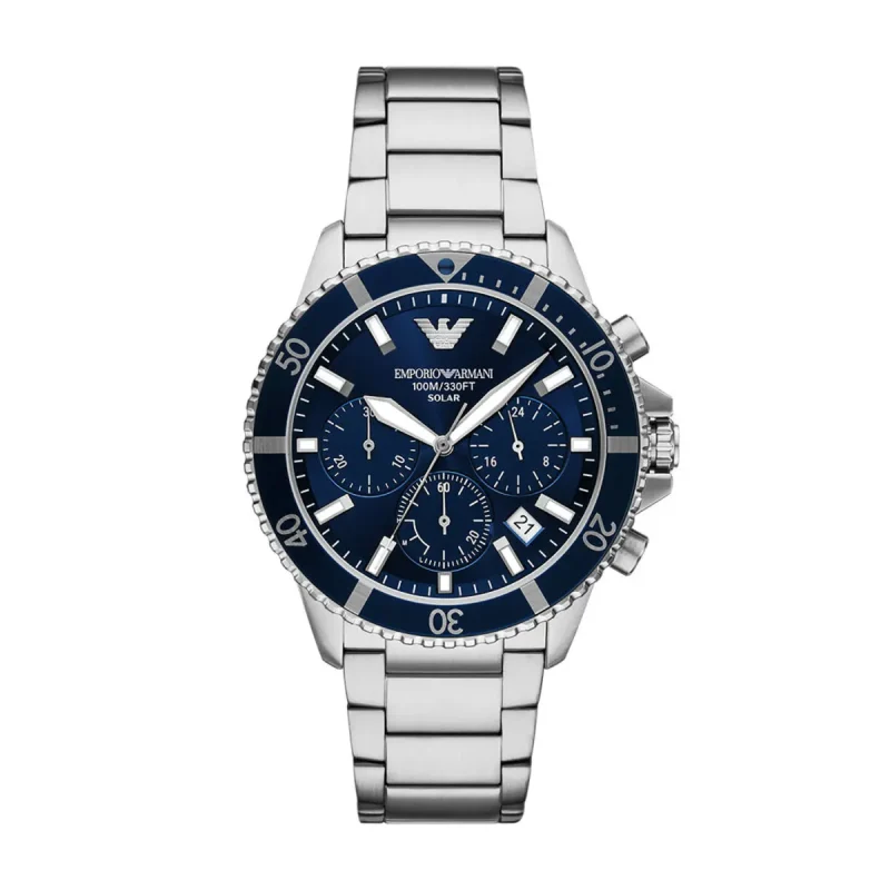 Montre homme Emporio Armani AR11681 World Explorer avec cadran bleu soleillé, chronographe et bracelet acier 43,5 mm disponible au Maroc
