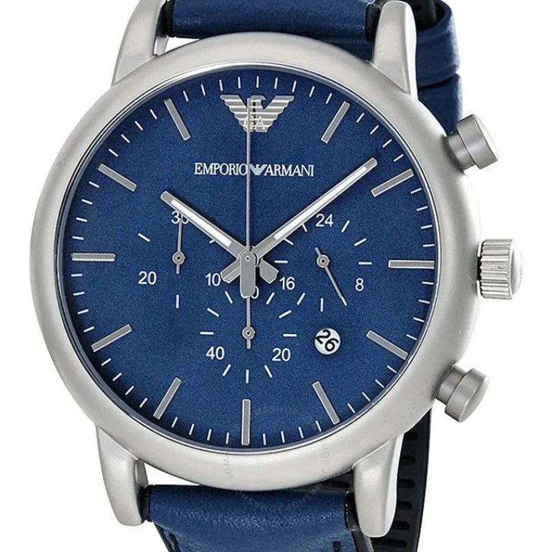 Montre Emporio Armani AR1969 Luigi avec boîtier argenté mat et bracelet en cuir bleu pour homme au Maroc.