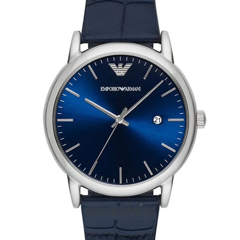 Montre Emporio Armani AR2501 Renato argentée avec cadran bleu et bracelet en cuir pour homme au Maroc.