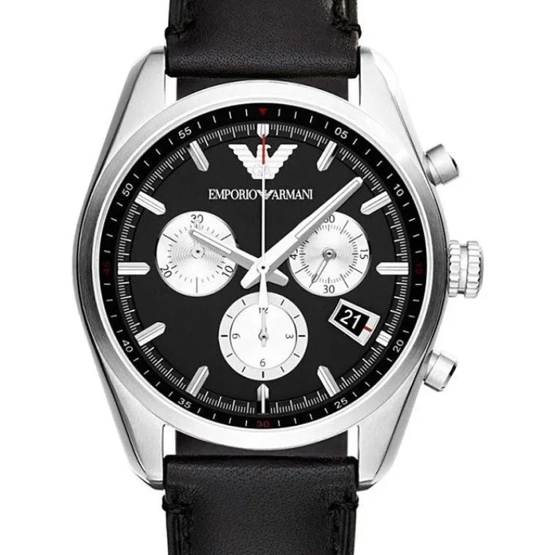 Montre Emporio Armani AR6009 Tazio argentée avec cadran "panda" et bracelet en cuir noir pour homme au Maroc.