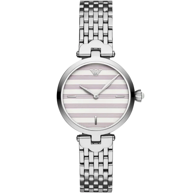 Montre femme Emporio Armani AR11195 avec cadran blanc nacré à rayures violettes et boîtier acier argenté 32 mm