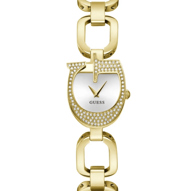 Montre femme GUESS GW0683L2 dorée avec boîtier unique en forme de G et cristaux.
