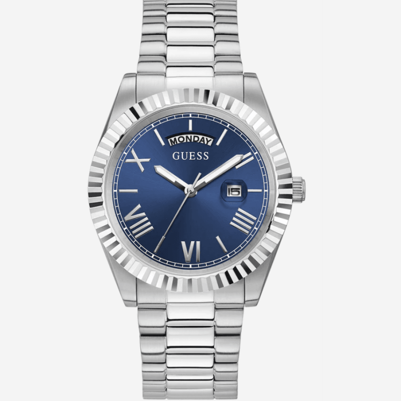 montre guess day date watch gw0265g7 bleu argent vue de face cadran bleu