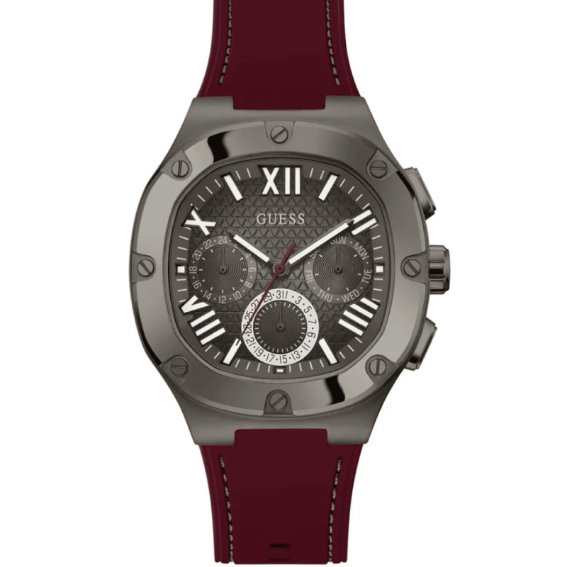 Montre Guess GW0571G4 grise avec bracelet en silicone bordeaux pour homme au Maroc.