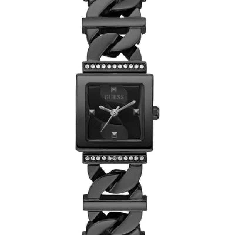 Montre Guess GW0603L3 vue de face avec cadran carré noir et cristaux