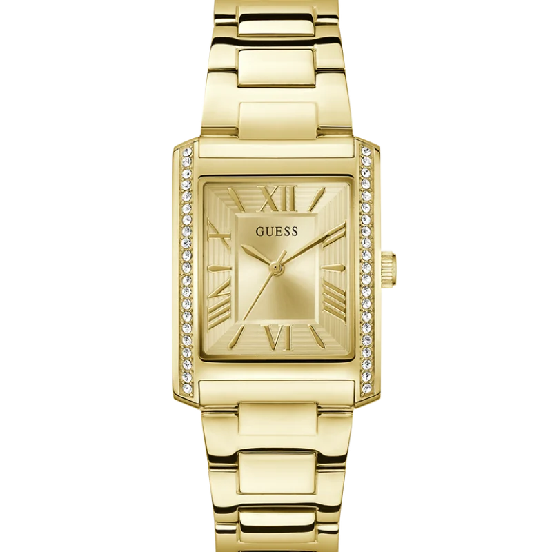 Montre Guess GW0874L4 femme vue de face avec boîtier rectangulaire ton doré de 27 mm en acier inoxydable poli, disponible au Maroc sur Planetawatches.ma
