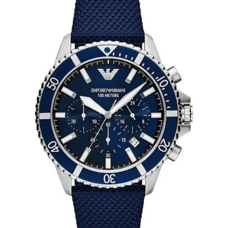 Montre homme Emporio Armani AR11588 chronographe cadran bleu et boîtier acier argenté 43 mm disponible au Maroc