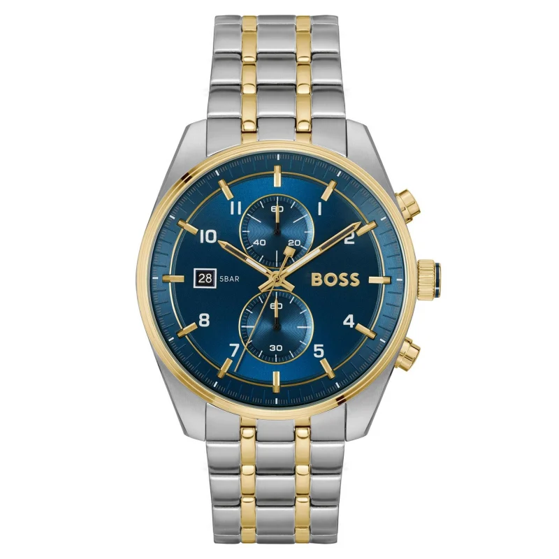 Montre Hugo Boss 1514247 bicolore avec cadran bleu et chronographe pour homme au Maroc.