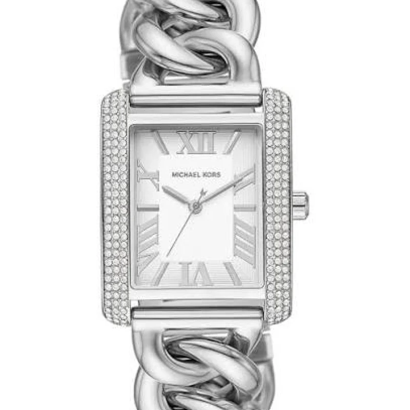 Montre Michael Kors MK7438 Mini Emery femme, boîtier rectangulaire argenté serti de cristaux et cadran blanc soleillé à chiffres romains