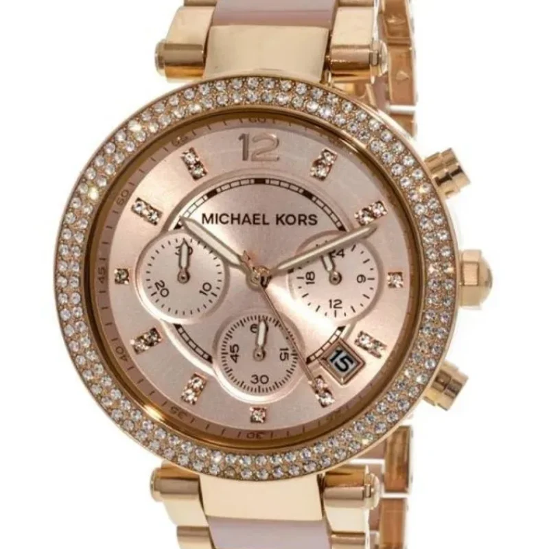 Montre Michael Kors MK5896 Maroc ton sur ton rose blush avec lunette à cristaux pour femme au Maroc.