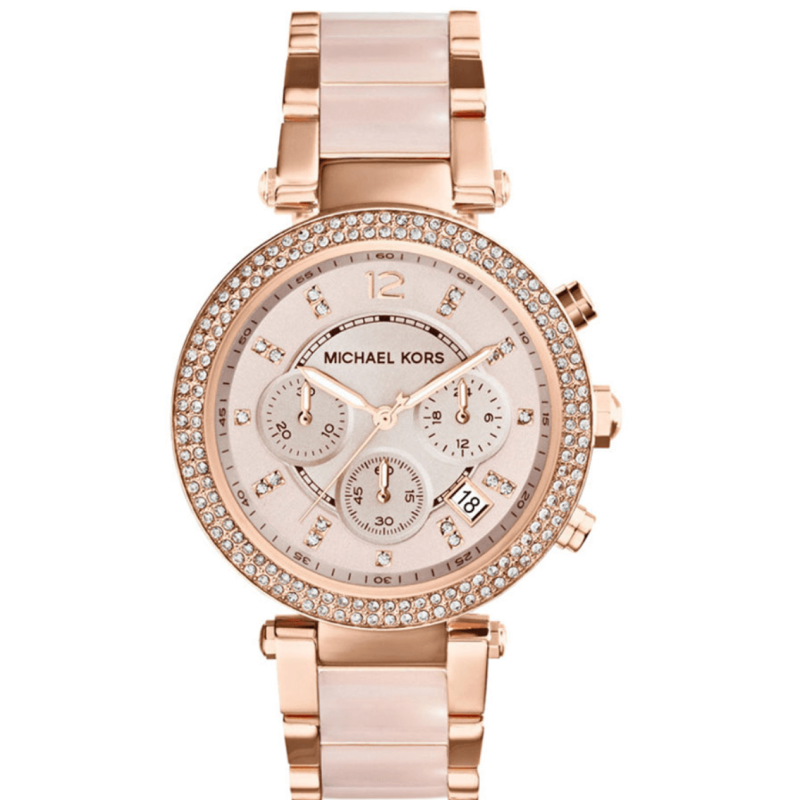 Montre Michael Kors MK5896 Maroc ton sur ton rose blush avec lunette à cristaux pour femme au Maroc.