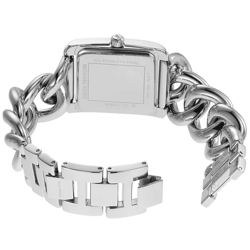 Fond de boîtier en acier inoxydable de la montre Michael Kors Mini Emery MK7438 avec gravure de la référence et du logo de la marque