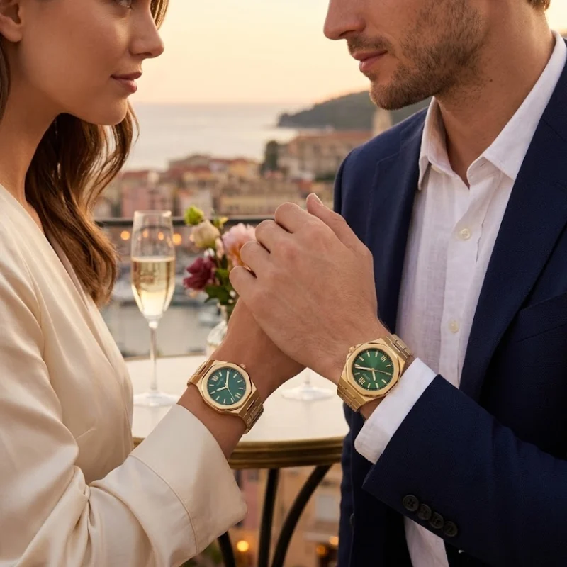 Pack Couple GUESS Emperor GW0849G2 homme et Empress GW0873L2 femme avec cadrans verts et bracelets dorés