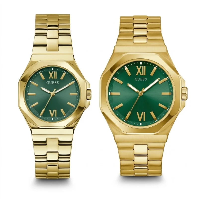 Pack Couple GUESS GW0849G2 Emperor homme et GW0873L2 Empress femme dorées à cadran vert